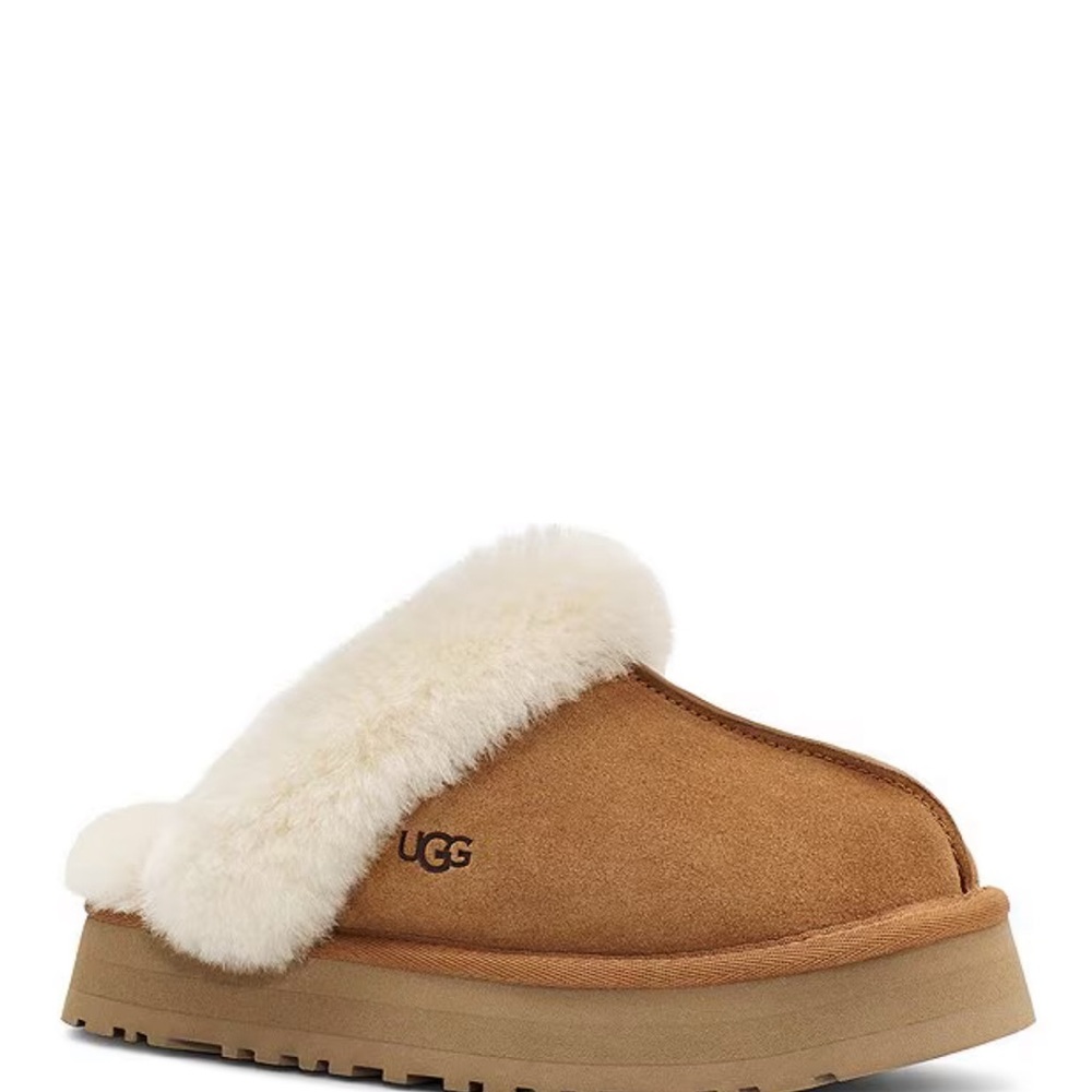 UGG Women's Disquette Suede Fur Platform Slippers color chestnut